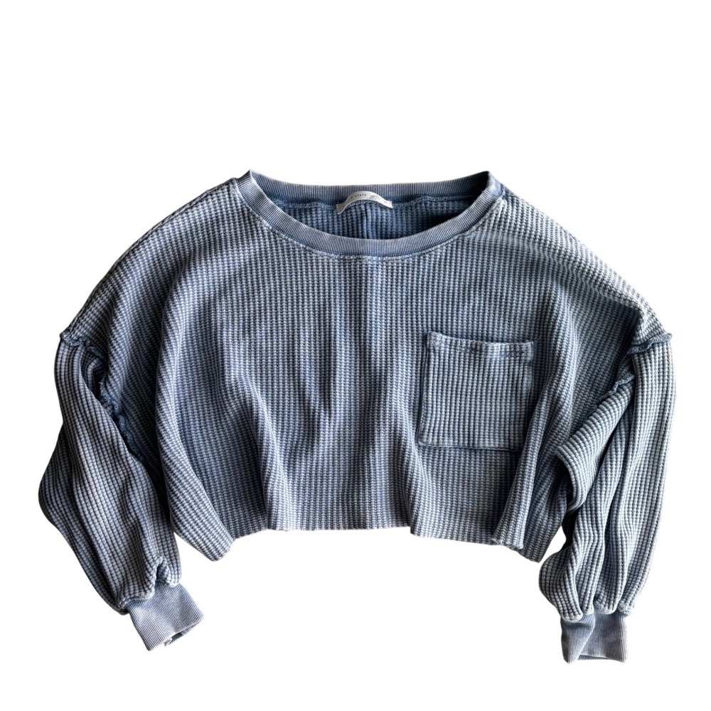 Altar'd State Blue Acid Wash Waffle Knit Cropped Thermal Top ST1317C Womens S - Picture 3 of 8